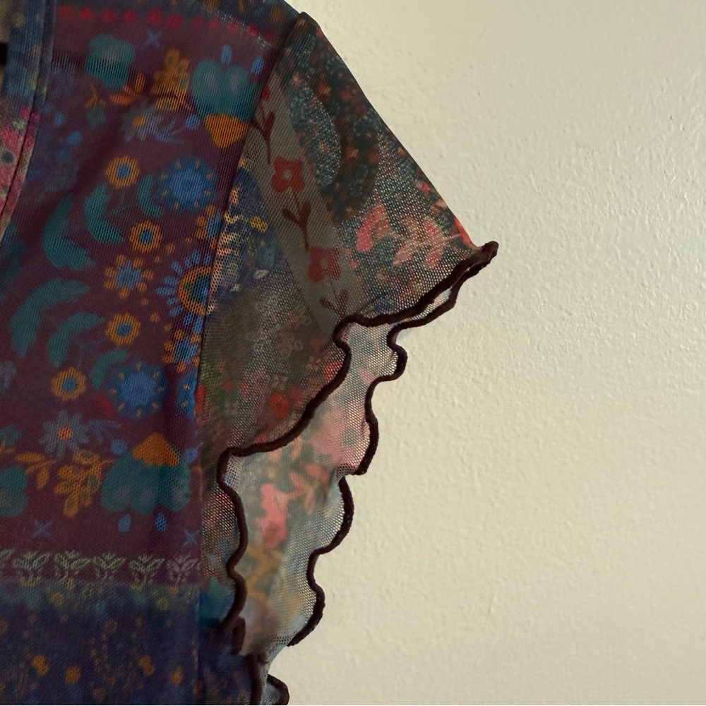 Natural Life Women Sheer Mesh Top Size M Square Neck Lettuce Hem Floral Boho NWT - Picture 5 of 7